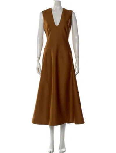 Pre-owned Leo Lin V-neck Midi Length Dress In Brown