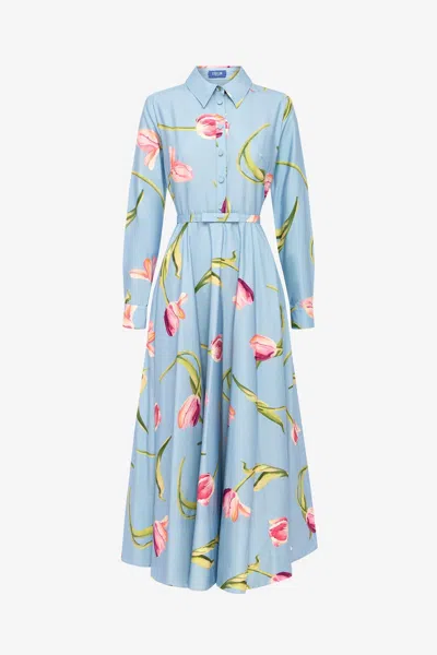 Leo Lin Zara Shirt Midi Dress - Tulip Print In Blue