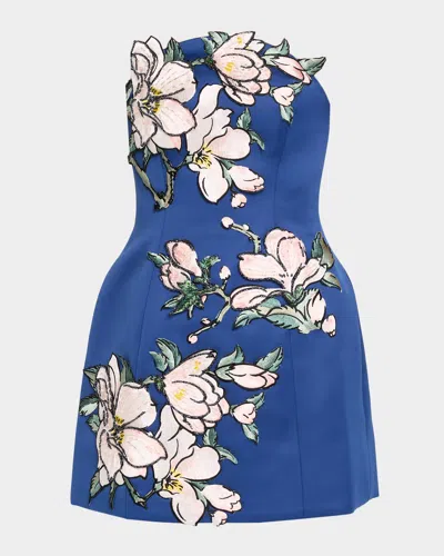 Leo Lin Zaria Strapless Floral Applique Mini Dress In Blue