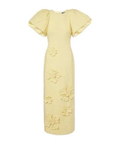 Leo Lucinda Floral-appliqué Tweed Maxi Dress In Yellow