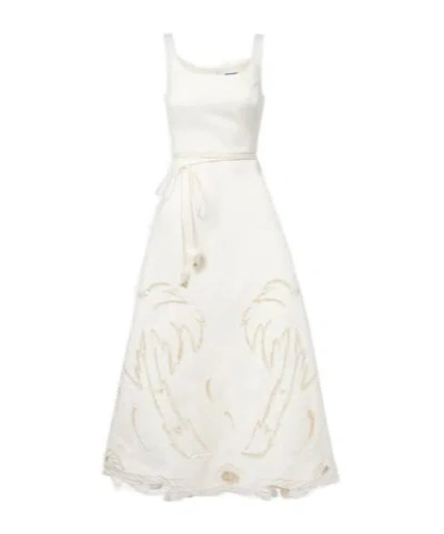 Leo Palm Laser-cut Embroidered Midi Dress In White