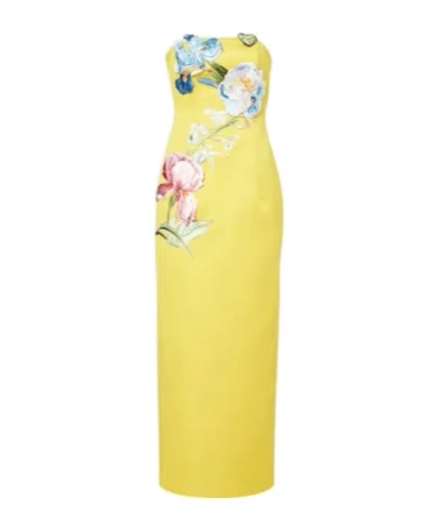 Leo Rayna Floral-appliqué Bustier Dress In Yellow