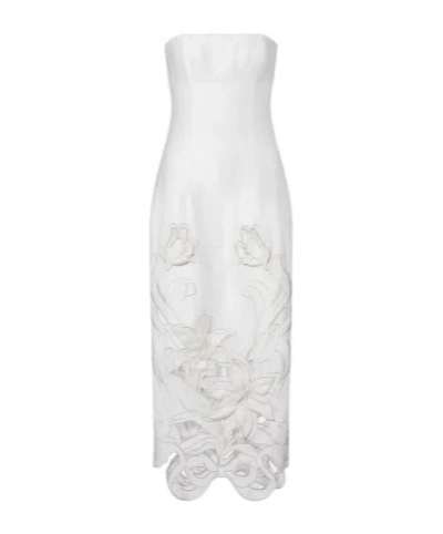 Leo Rayna Floral-appliqué Linen-blend Bustier Gown In White