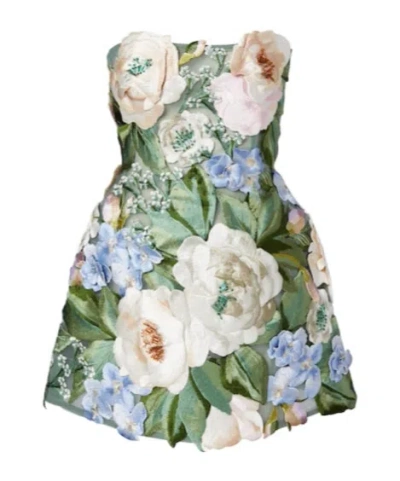 Leo Roselle Floral Appliqué Mini Dress In Green
