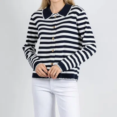 Leo Ugo Scallop Neck Cardigan In White/navy In Multi