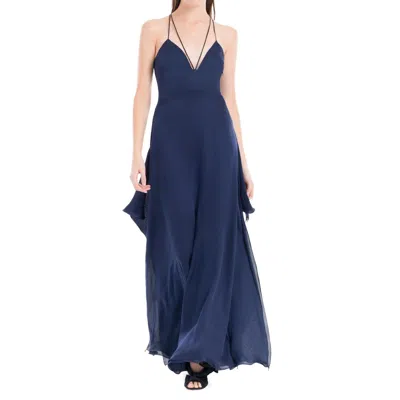 Leon Max Womens Silk Strappy Evening Dress In Blue