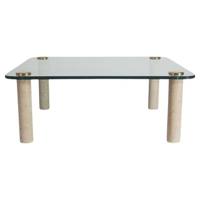 Pre-owned Leon Rosen Mid Century Modern Beige Marble, Glass & Brass Cocktail Table By  In Brown