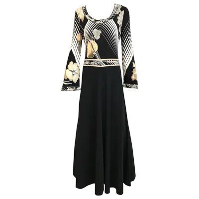 Pre-owned Leonard 1970s  Floral Print Black And White Jersey Maxi Dress
