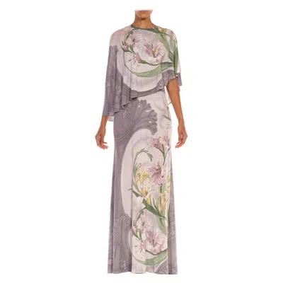 Pre-owned Leonard 1970s  Grey Polyester Jersey Art Nouveau Daffodil Printed Gown With Atta In Yellow