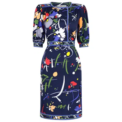 Pre-owned Leonard 1970s  Poly Jersey Abstract Print Floral Dress In Purple