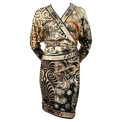Pre-owned Leonard 1980's  Of Paris Metallic Silk Jersey Dress With Asymmetrical Wrap In Black
