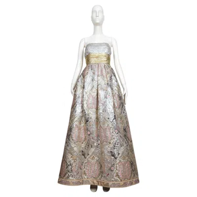 Pre-owned Leonard 1980's  Of Paris Metallic Silver Gold Brocade Strapless Gown In Gray