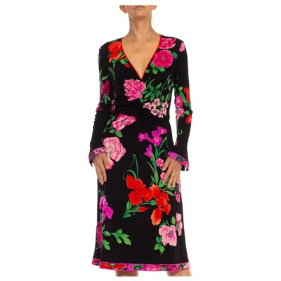 Pre-owned Leonard 1980s  Black & Pink Polyester Jersey Front Ruched Floral Dress