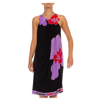 Pre-owned Leonard 1990s  Black & Purple Jersey Sexy Draped Dress With Floral Appliqué Stra