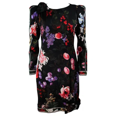 Pre-owned Leonard Black Silk Cocktail Dress With Fruit Pattern & Bows Size 4-6