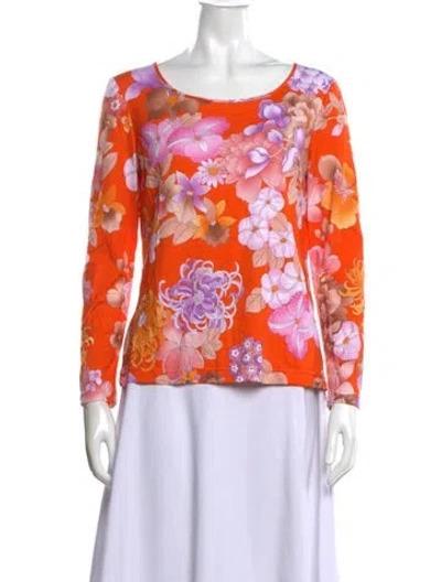 Pre-owned Leonard Floral Print Scoop Neck Blouse W/ Tags In Orange