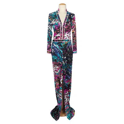 Pre-owned Leonard Long Dress Animal Print In Black