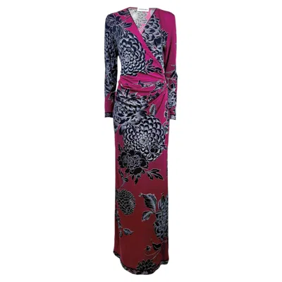 Pre-owned Leonard Maxi Crepe Silk Dress Burgundy Floral Print In Red