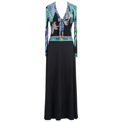 Pre-owned Leonard Paris Black, Aqua & Purple Floral Print Silk Tie Neck Maxi Dress, 1970s