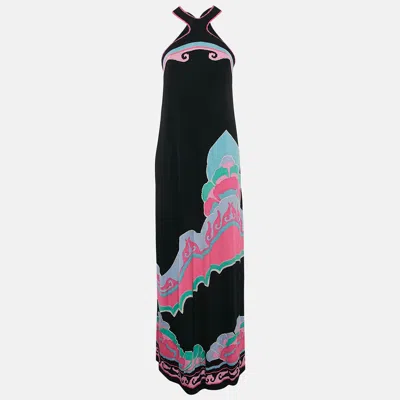 Pre-owned Leonard Paris Black Printed Silk Jersey Sleeveless Maxi Dress S