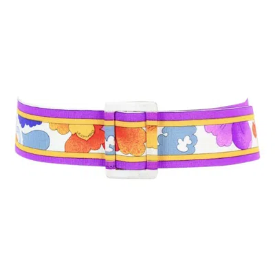 Pre-owned Leonard Léonard Paris Signature Floral Print Silk Covered Leather Waist Belt, 1980s In Purple