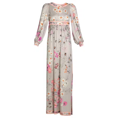 Pre-owned Leonard Paris Silk Floral Floral Print Open Square-back Maxi Dress, 1970s In Sand