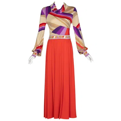 Pre-owned Leonard Paris Silk Jersey Swirl Print Maxi Dress Vintage Documented, 1970s In Red
