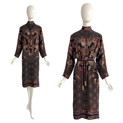 Pre-owned Leonard Paris Vintage 100% Silk Crepe Asian Print Long Sleeved Sheath Dress In Black