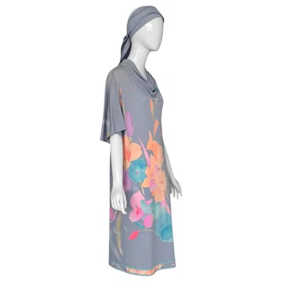 Pre-owned Leonard Paris Vintage Signed Floral Caftan Dress With Matching Belt Scarf, 1980s In Gray