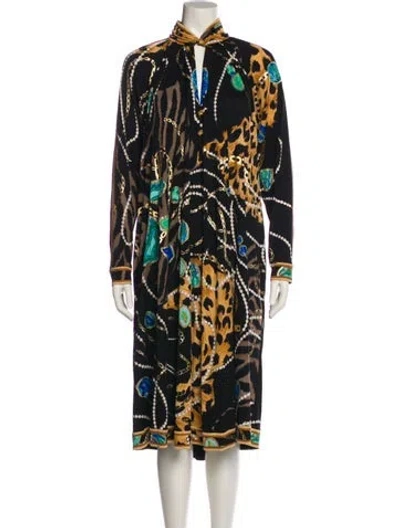 Pre-owned Leonard Silk Midi Length Dress In Black