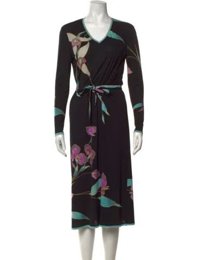 Pre-owned Leonard Silk Midi Length Dress In Black