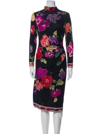 Pre-owned Leonard Silk Midi Length Dress In Blue