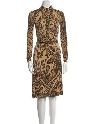 Pre-owned Leonard Silk Midi Length Dress In Brown