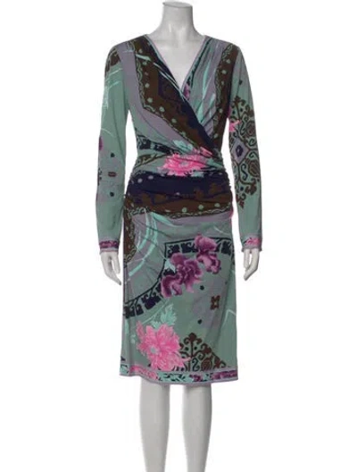 Pre-owned Leonard Silk Midi Length Dress In Green