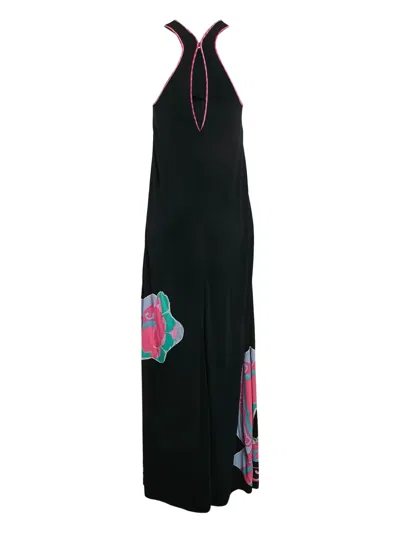 Pre-owned Leonard Vintage Floral-print Halterneck Dress In Black