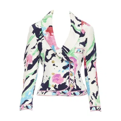 Pre-owned Leonard Vintage  90's Floral Pink Rose Print Double Breasted Blazer Jacket Us0 In Red