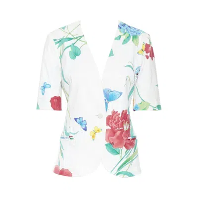 Pre-owned Leonard Vintage  90's White Oriental Floral Butterflly Print Short Sleeve Jacket