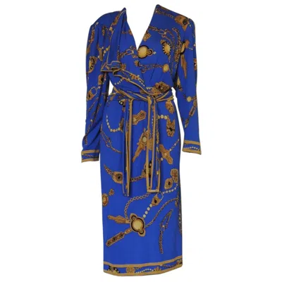 Pre-owned Leonard Vintage  Paris Jewelry Motif Silk Jersey Mikado Belted Wrap Dress In Purple