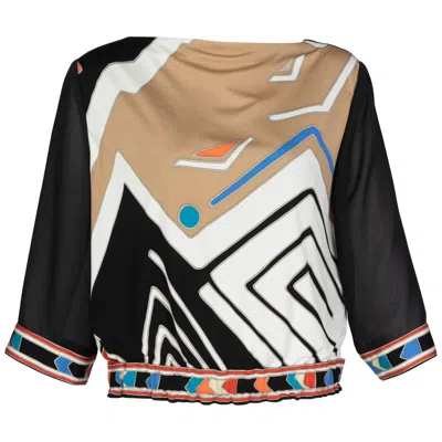 Pre-owned Leonard Vintage  Paris Multicolored Geometric Printed Silk Jersey Blouse Top In Sand