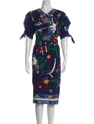 Pre-owned Leonard Vintage Midi Length Dress In Blue