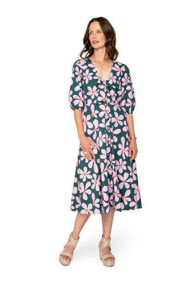 Leota Adriana Tie-front Midi Dress Dancing Daisies Evergreen In Purple