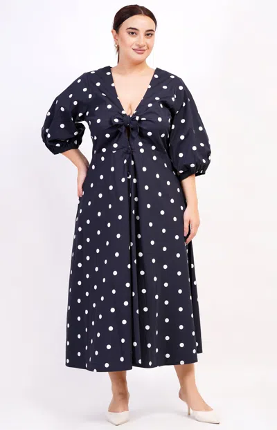 Leota Adriana Tie-front Midi Dress Small Polka Black White In Blue