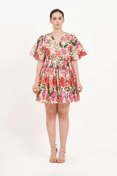 Leota Alena Mini Wrap Dress Crown Floral Flame Scarlet In Multi