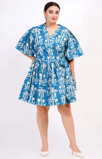 Leota Alena Mini Wrap Dress Palm Fields Mykonos Blue