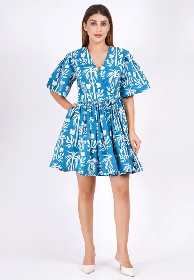 Leota Alena Mini Wrap Dress Palm Fields Mykonos Blue In Multi
