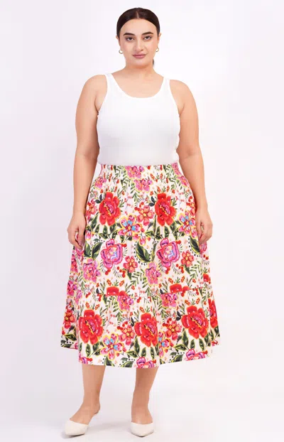 Leota Evelyn Tiered Midi Skirt Crown Floral Flame Scarlet In Multi