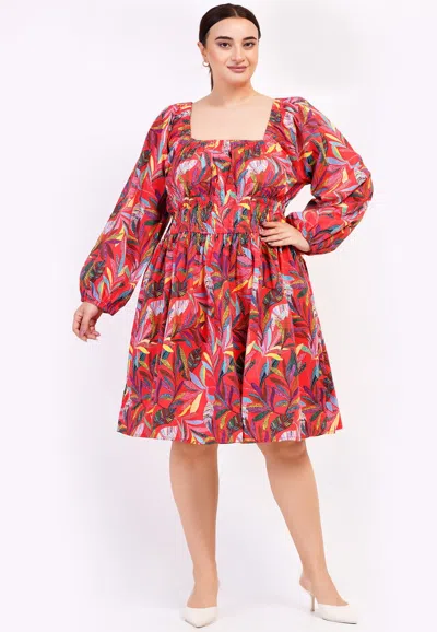 Leota Genevieve Square Neck Mini Dress Palm Foliage Poppy Red