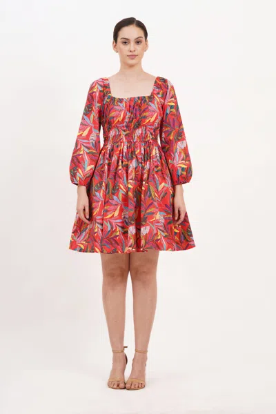 Leota Genevieve Square Neck Mini Dress Palm Foliage Poppy Red In Multi