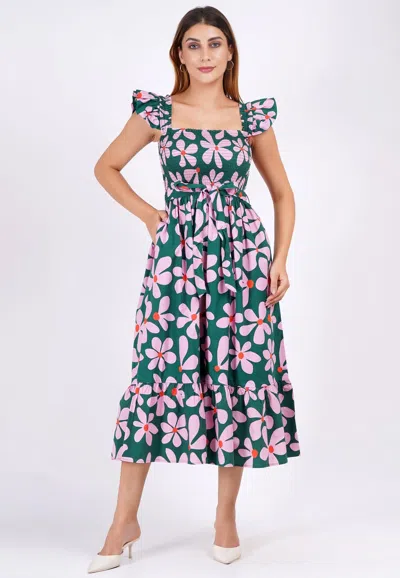 Leota Ivanna A-line Smocked Midi Dress Dancing Daisies Evergreen In Green