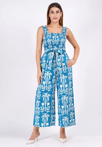 Leota Janet Cropped Jumpsuit Palm Fields Mykonos Blue In Multi